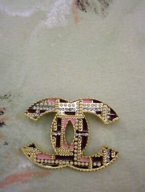 Gold Tone CC Logo Brooch with Pearls and Crystals